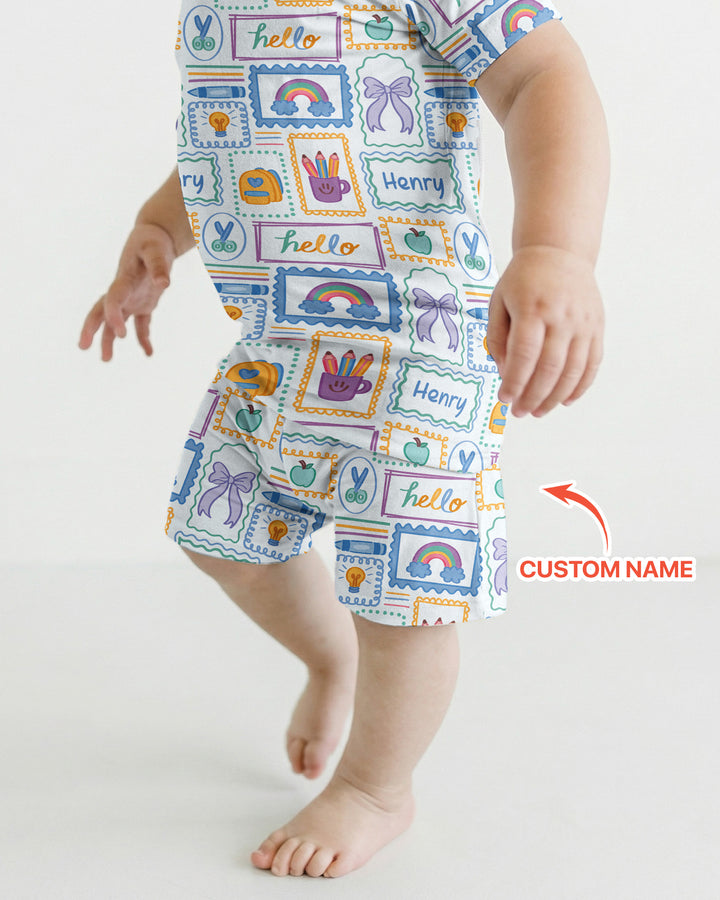 Custom Name Hello School Bamboo Two Piece Short Sleeve Shorts Pajama Set