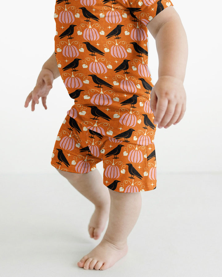 Ravens in a Pumpkin Patch - Orange Pink Bamboo Two Piece Short Sleeve Shorts Pajama Set
