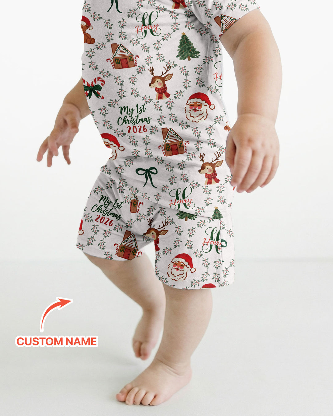 Custom name "Fancy Monogram Green Christmas 2026" Bamboo Two Piece Short Sleeve Shorts Pajama Set