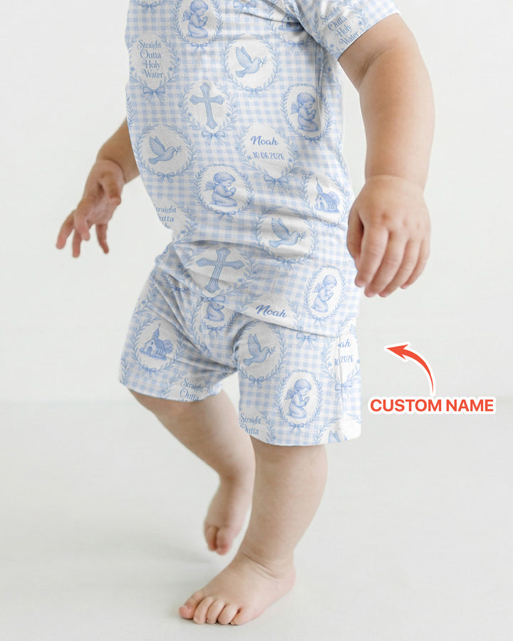 Custom Name Baptism Straight Outta Holy Water Bamboo Two Piece Short Sleeve Shorts Pajama Set