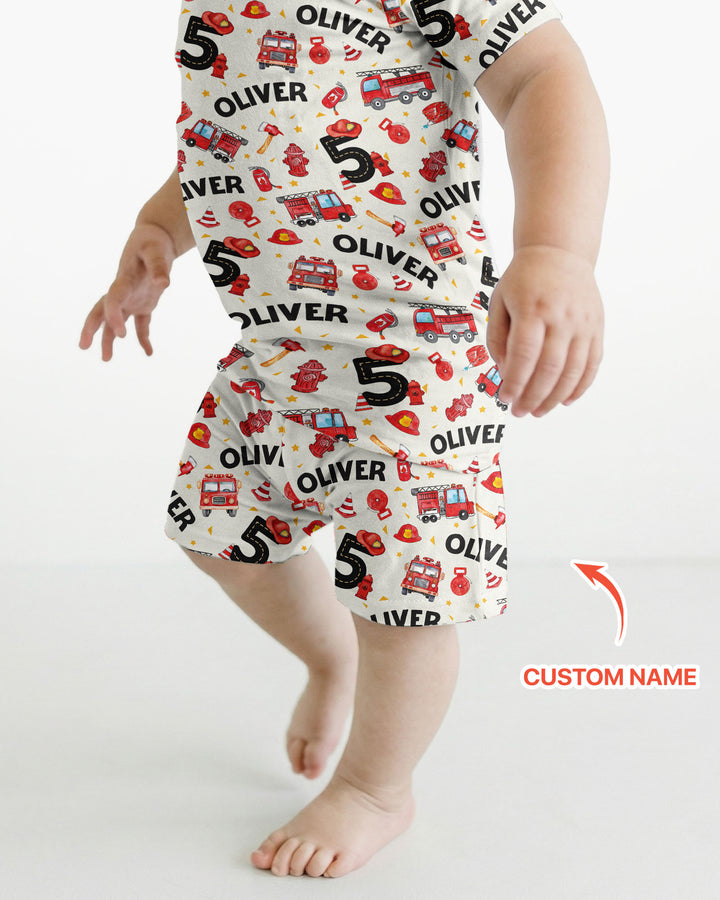 Custom Name Fire Truck Birthday Boy Bamboo Two Piece Short Sleeve Shorts Pajama Set