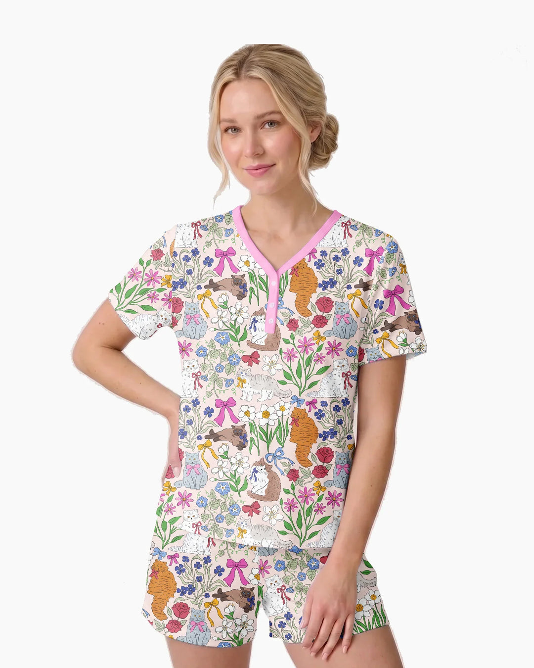 The Garden Cattery Mommy & Me Matching Bamboo Women Short Sleeve Short Pajama Set