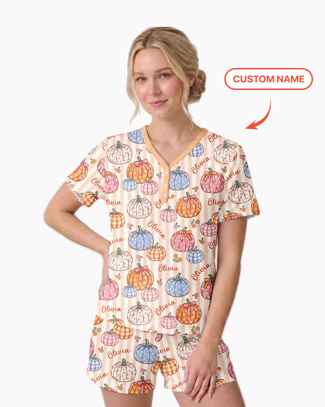 Custom Name Pumpkin Patch Bamboo Women Short Sleeve Short Pajama Set