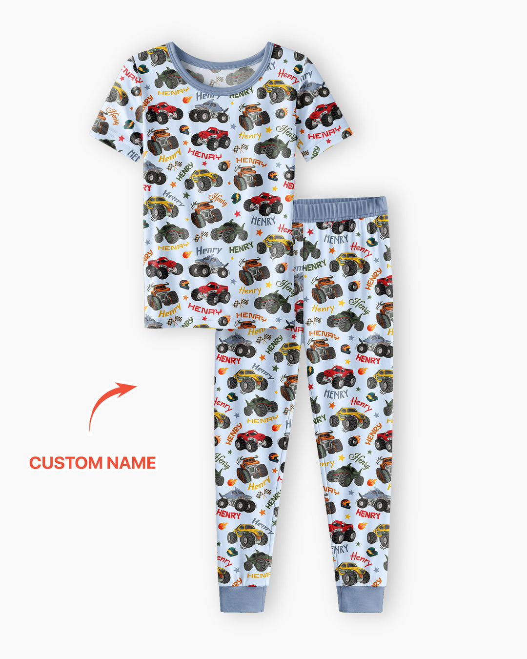 Personalized Monster Truck Bamboo Two Piece Short Sleeve Pajama Set
