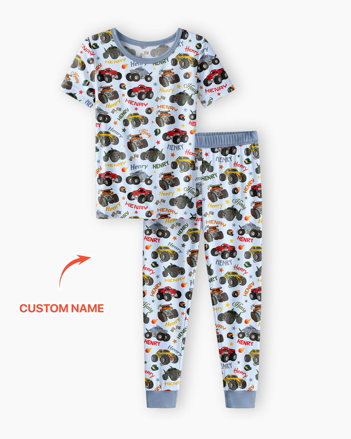 Personalized Monster Truck Bamboo Two Piece Short Sleeve Pajama Set