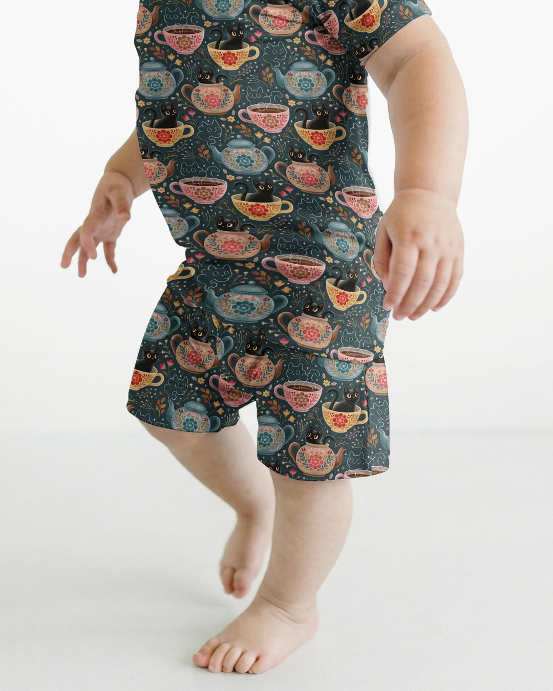Folk Floral Black Cat Tea Party Bamboo Two Piece Short Sleeve Shorts Pajama Set