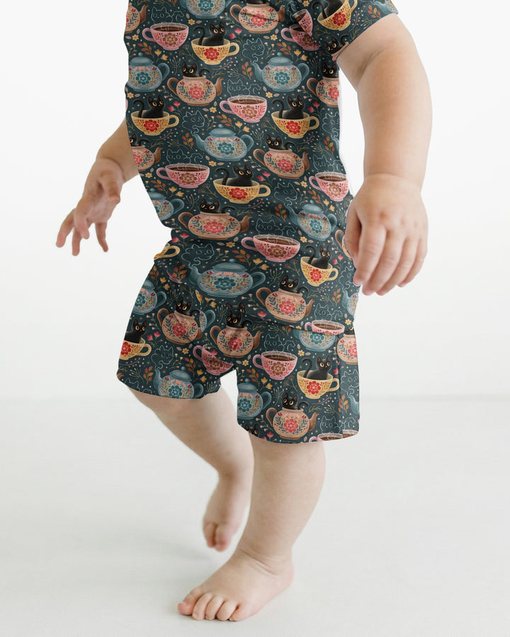 Folk Floral Black Cat Tea Party Bamboo Two Piece Short Sleeve Shorts Pajama Set