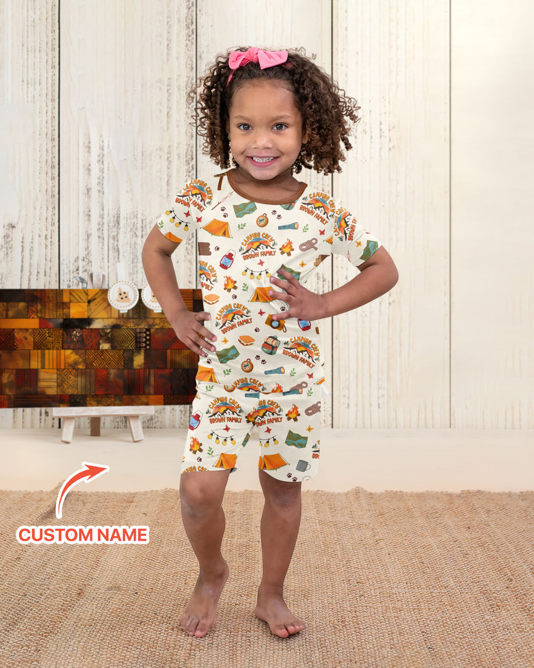 Custom Name Camping Crew Family Matching Bamboo Two Piece Short Sleeve Shorts Pajama Set