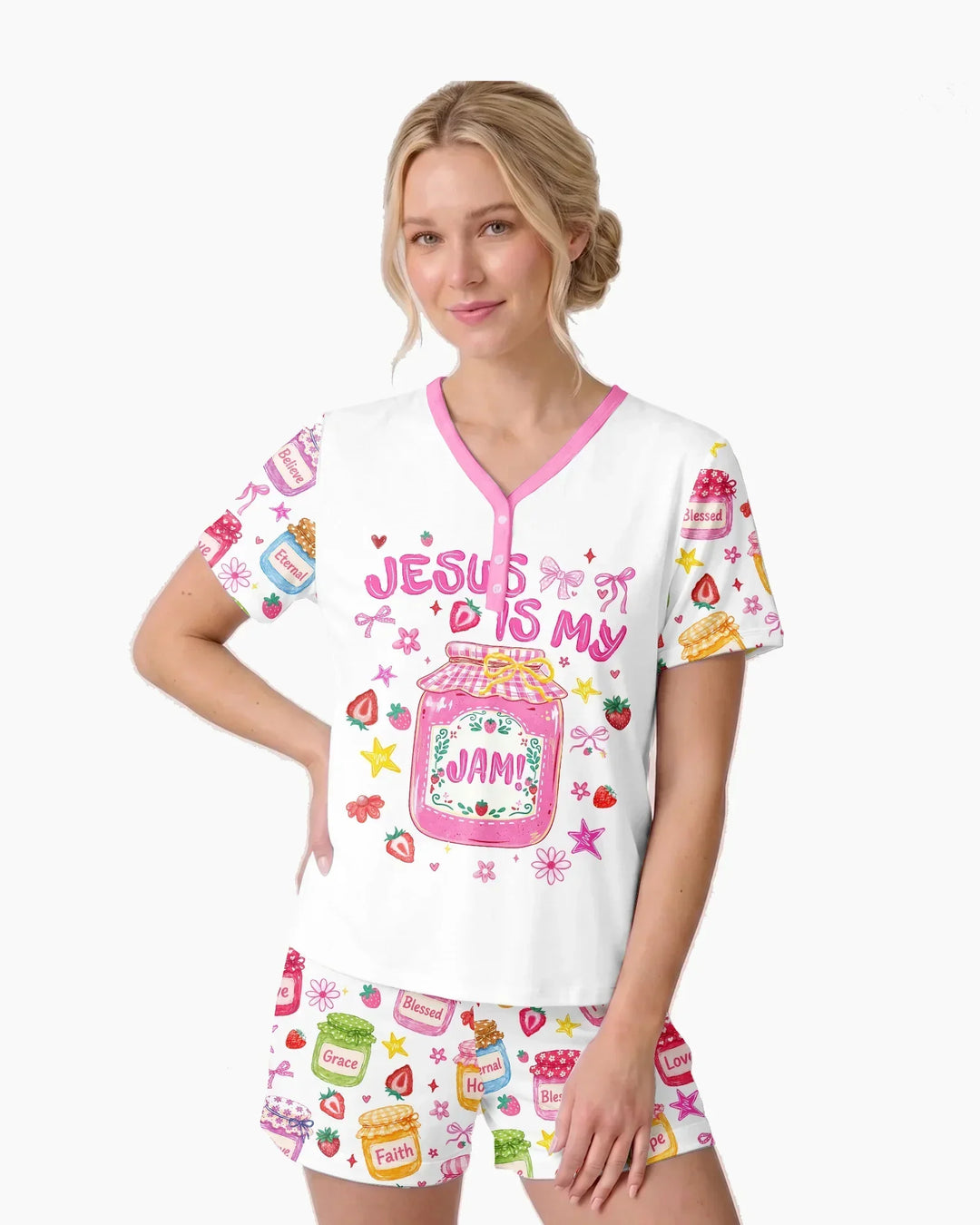 Preppy Summer Jesus Is My Jam Bamboo Women Short Sleeve Short Pajama Set