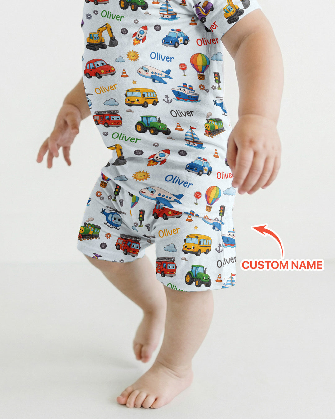 Custom Name Cute Transport Bamboo Two Piece Short Sleeve Shorts Pajama Set