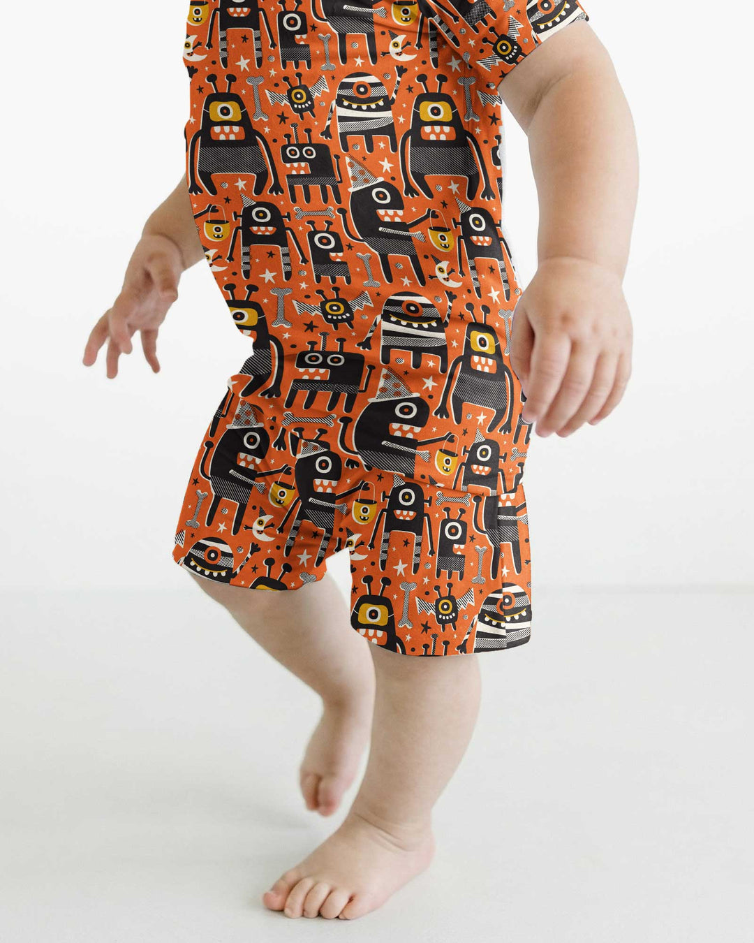 Mid Century Halloween Monster Toss Bamboo Two Piece Short Sleeve Shorts Pajama Set