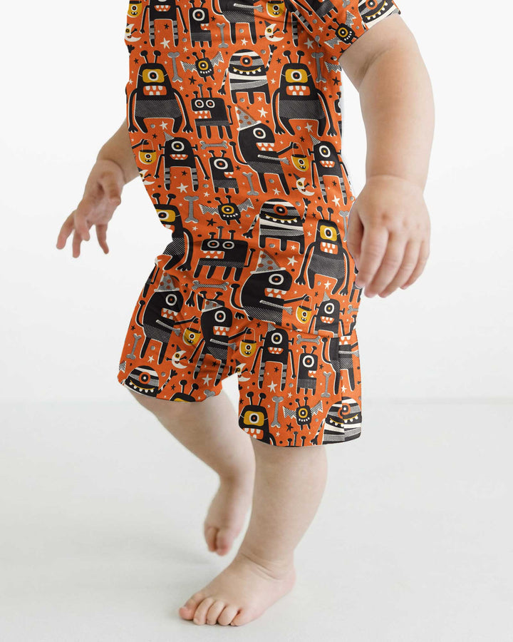 Mid Century Halloween Monster Toss Bamboo Two Piece Short Sleeve Shorts Pajama Set