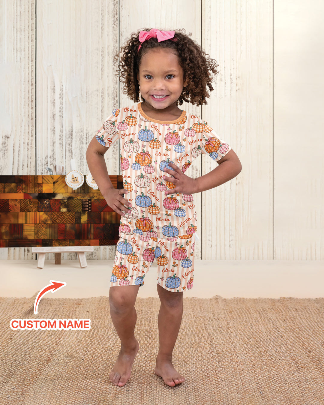 Custom Name Pumpkin Patch Bamboo Two Piece Short Sleeve Shorts Pajama Set