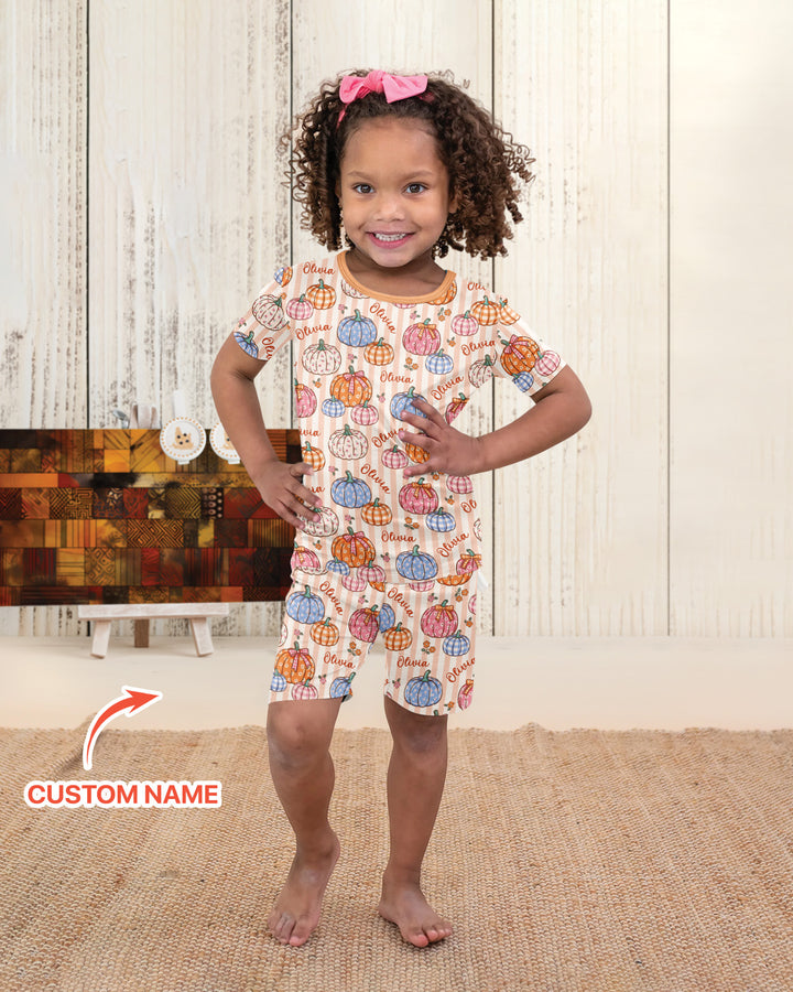 Custom Name Pumpkin Patch Bamboo Two Piece Short Sleeve Shorts Pajama Set