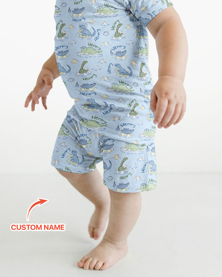Dinos Swimming Custom Name Bamboo Two Piece Short Sleeve Shorts Pajama Set