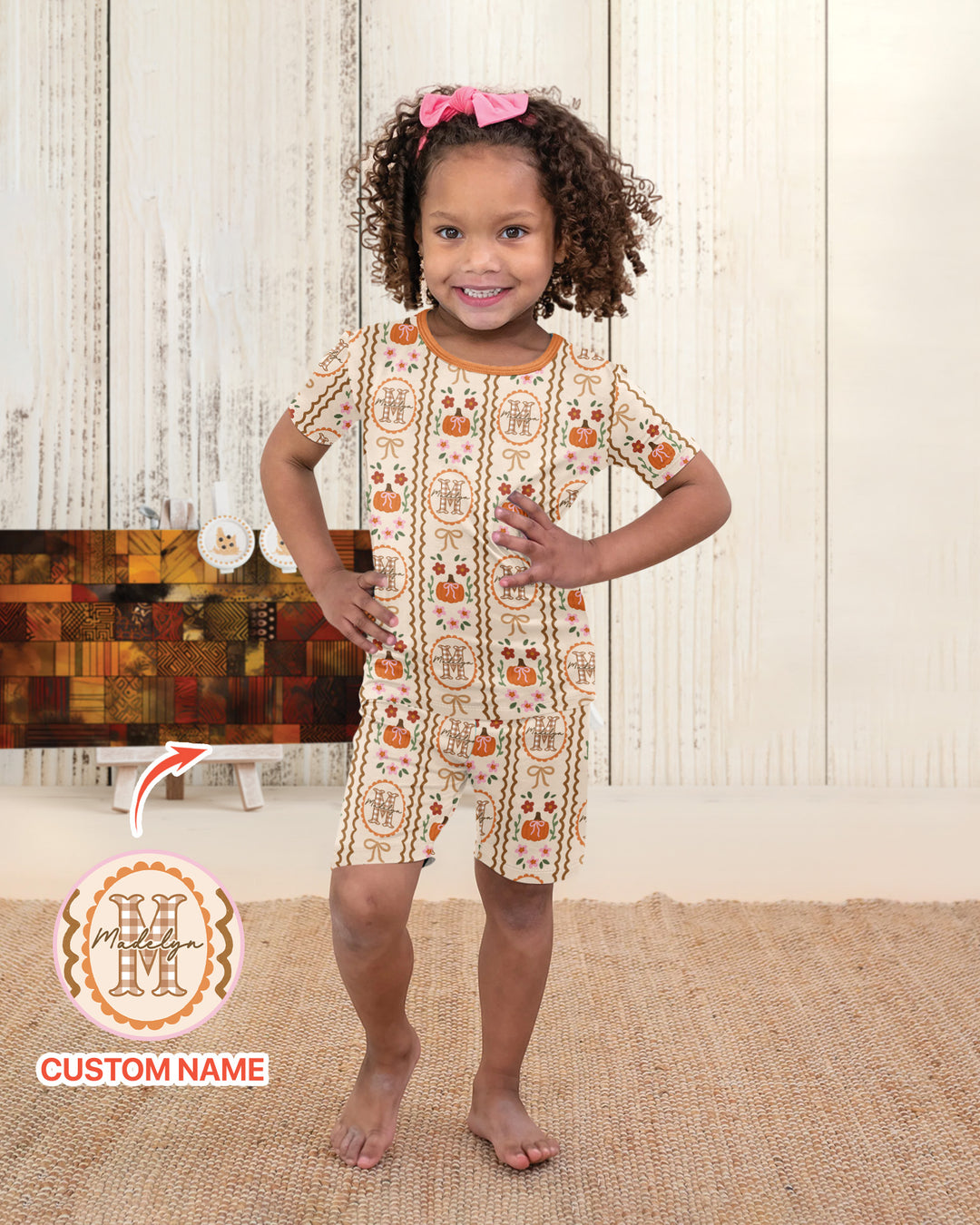 Custom Name Pumpkin Cottage Bamboo Two Piece Short Sleeve Shorts Pajama Set