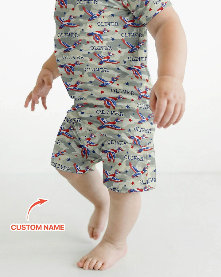 Custom Name America Mallard Duck Family Matching Bamboo Two Piece Short Sleeve Shorts Pajama Set