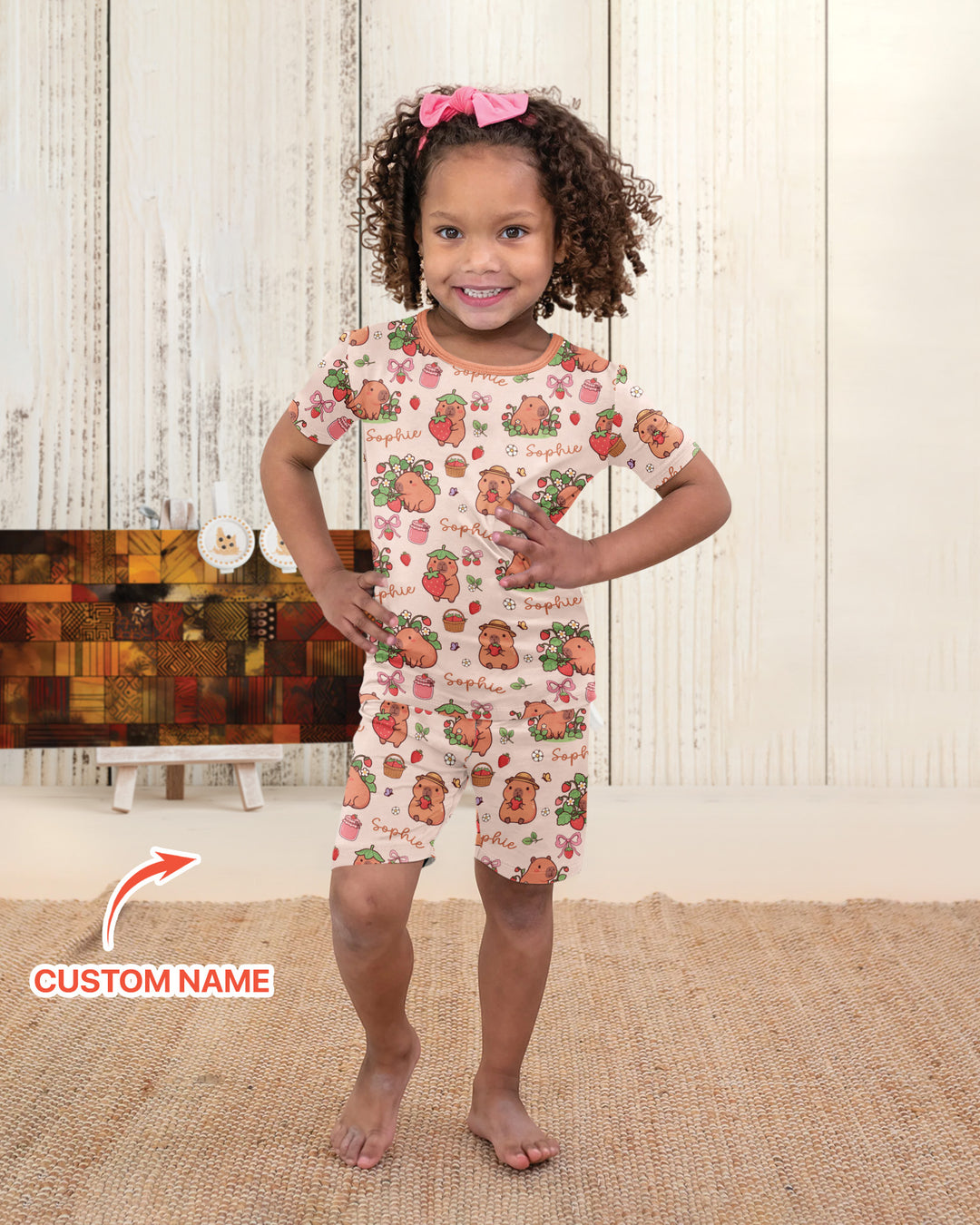 Custom Name Capybara Strawberry Bamboo Two Piece Short Sleeve Shorts Pajama Set