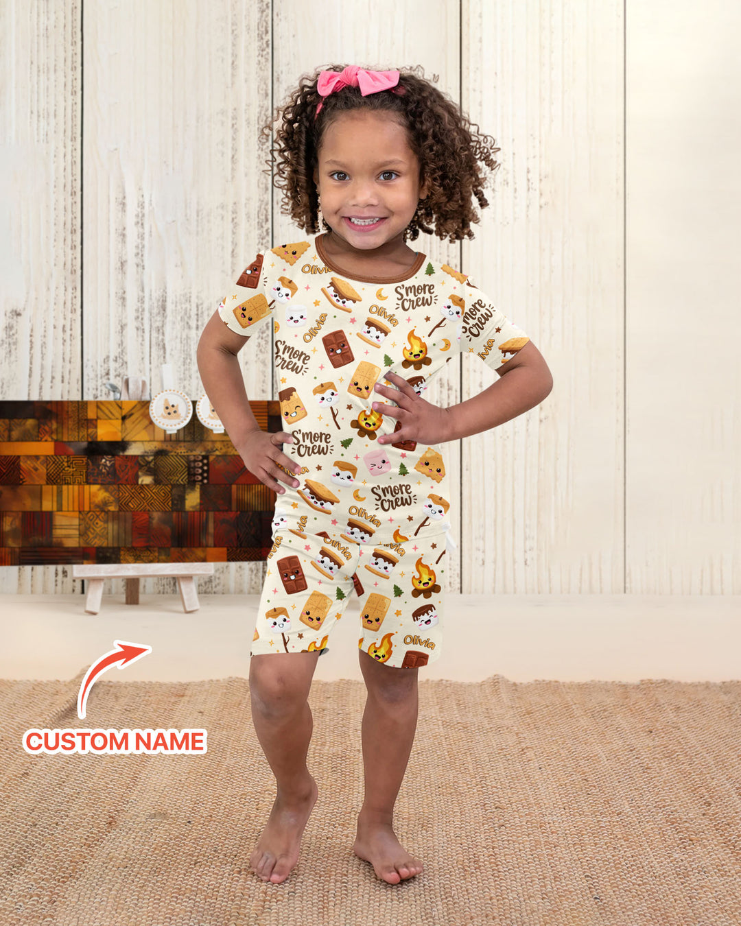 Custom Name Kawaii S'more Crew Family Matching Bamboo Two Piece Short Sleeve Shorts Pajama Set