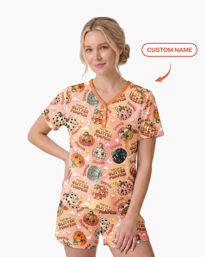 Custom Name You're A Glitter Pumpkin Bamboo Women Short Sleeve Short Pajama Set