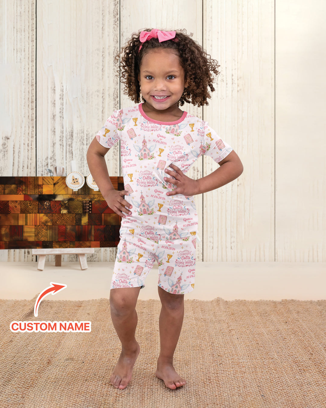 Custom Name Baptism Christening Straight Outta Holy Water Bamboo Two Piece Short Sleeve Shorts Pajama Set