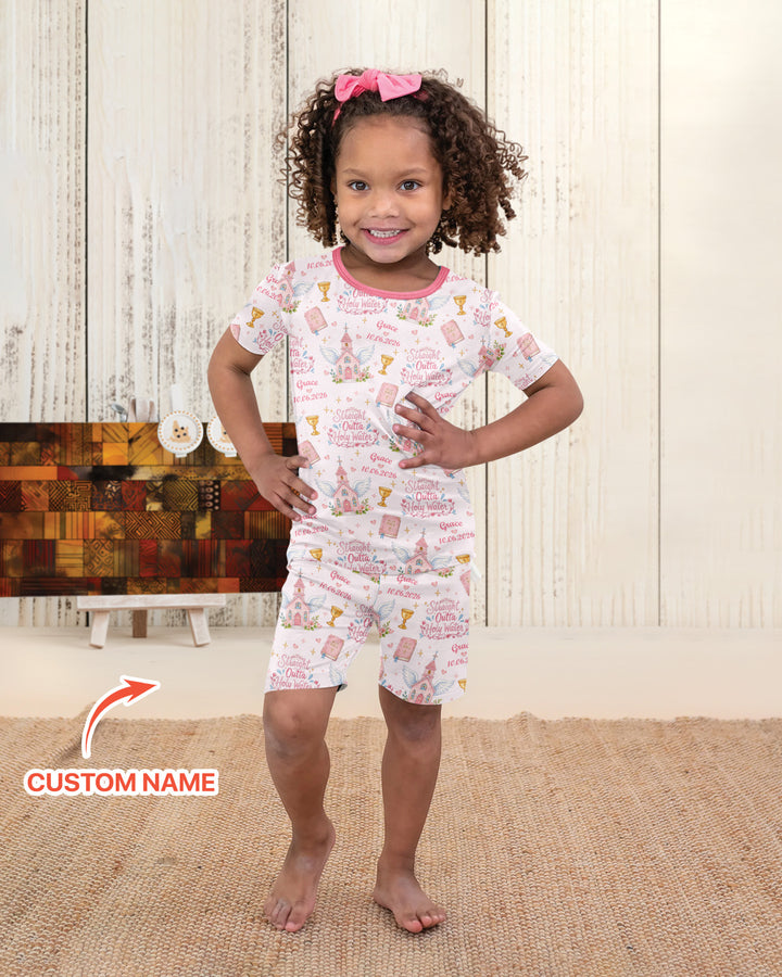 Custom Name Baptism Christening Straight Outta Holy Water Bamboo Two Piece Short Sleeve Shorts Pajama Set