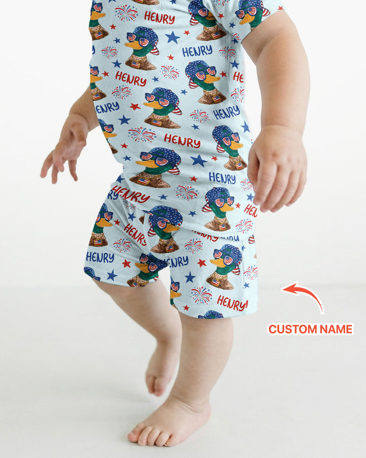Custom Name Patriotic Mallard Duck Bamboo Two Piece Short Sleeve Shorts Pajama Set