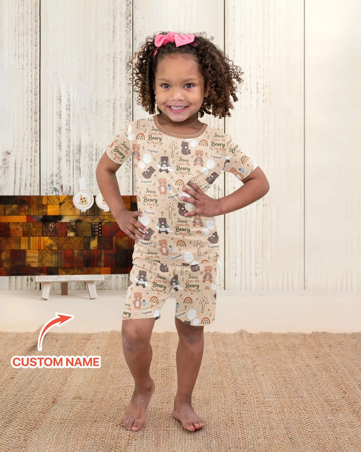 Custom Name Jesus Loves Me Beary Much Bamboo Two Piece Short Sleeve Shorts Pajama Set