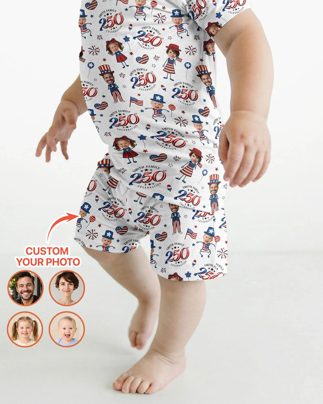 Custom Photo Smith Family Celebration Bamboo Two Piece Short Sleeve Shorts Pajama Set