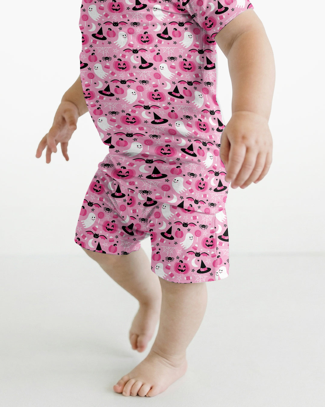 Cute Pink Halloween Ghost Pumpkin Witch Bamboo Two Piece Short Sleeve Shorts Pajama Set