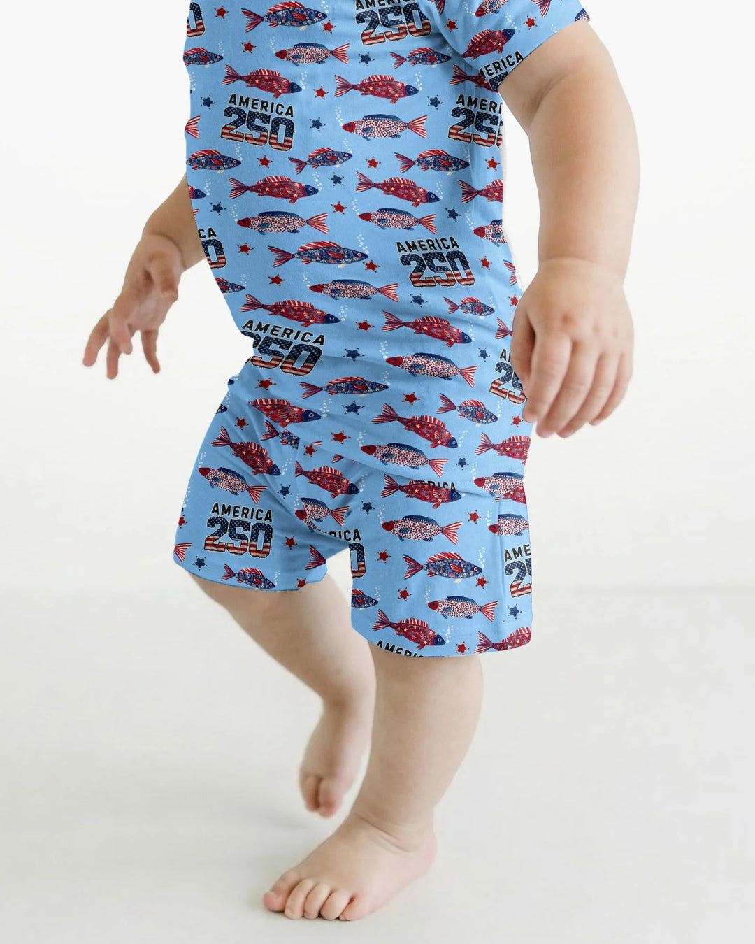 Stars and Stripes Fish Bamboo Two Piece Short Sleeve Shorts Pajama Set