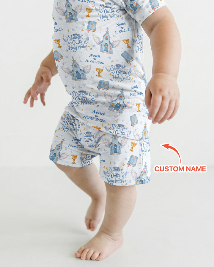 Custom Name Baptism Christening Straight Outta Holy Water Bamboo Two Piece Short Sleeve Shorts Pajama Set