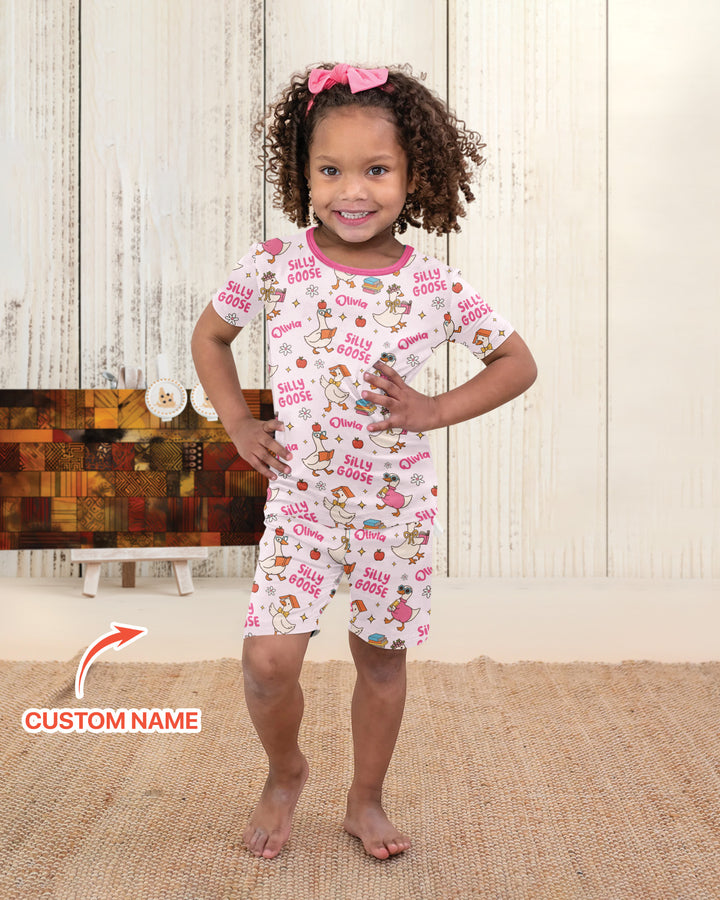 Custom Name Silly Goose Back to School Bamboo Two Piece Short Sleeve Shorts Pajama Set