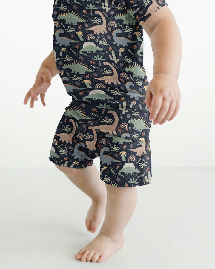 Navy Jurassic Jungle Bamboo Two Piece Short Sleeve Shorts Pyjamas Set