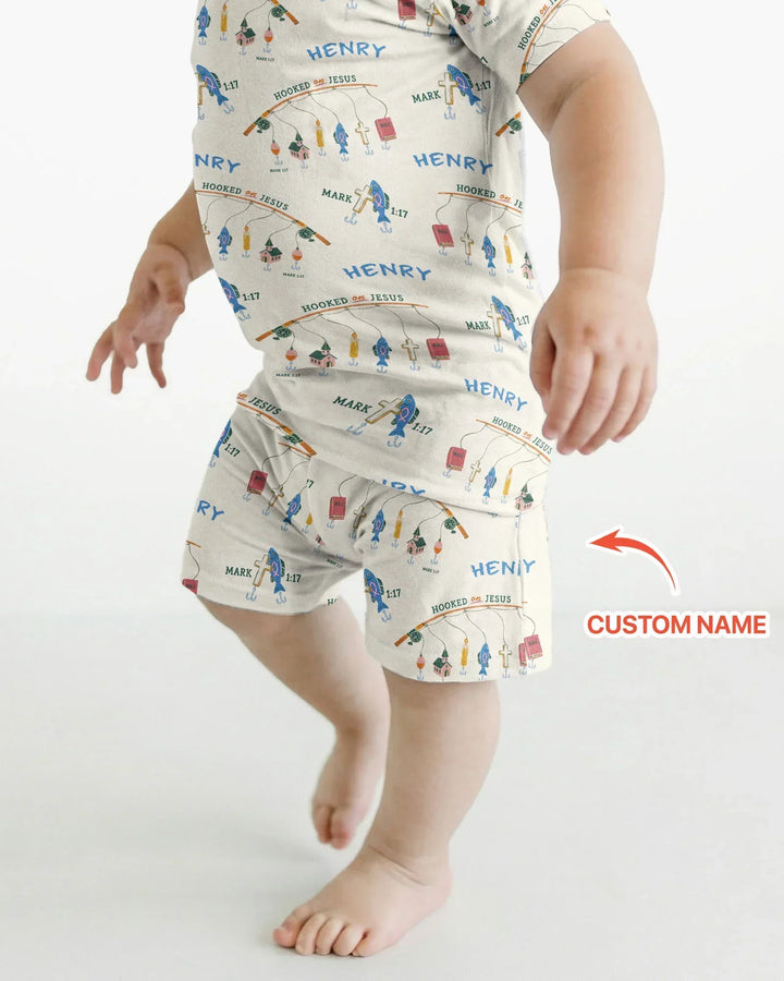 Hooked On Jesus Fishing Matching Bamboo Two Piece Short Sleeve Shorts Pajama Set