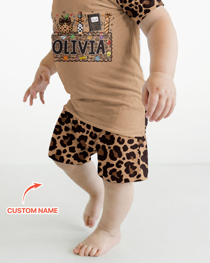 Custom Name School Sweetheart Leopard Bamboo Two Piece Short Sleeve Shorts Pajama Set