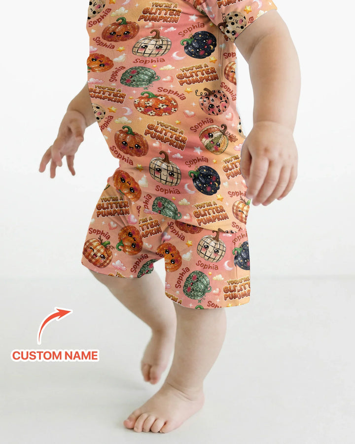 Custom Name You're A Glitter Pumpkin Bamboo Two Piece Short Sleeve Shorts Pajama Set