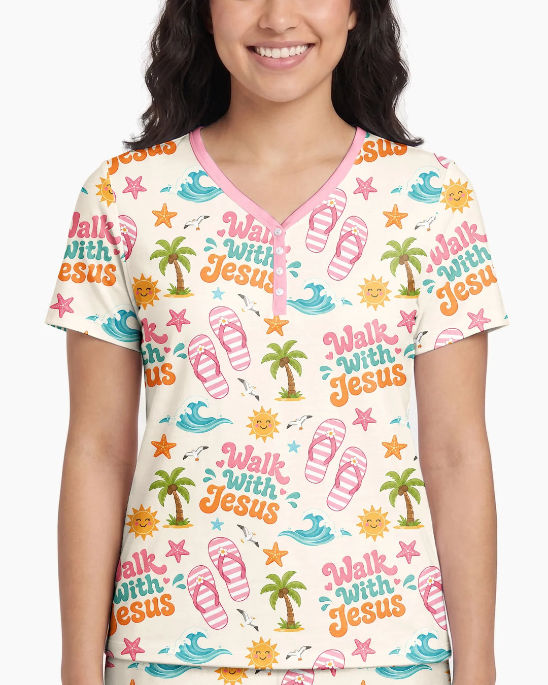 Groovy Summer Walk With Jesus Bamboo Women Short Sleeve Short Pajama Set