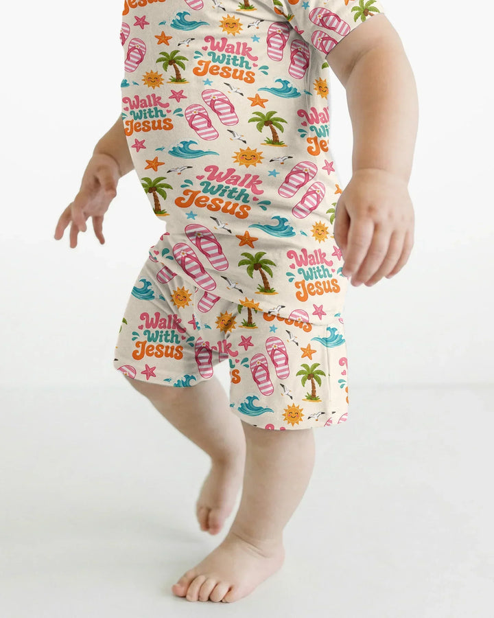 Groovy Summer Walk With Jesus Bamboo Two Piece Short Sleeve Shorts Pajama Set