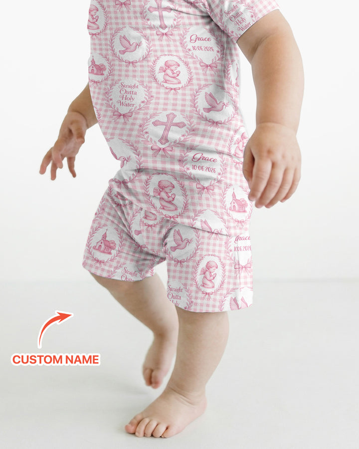 Custom Name Baptism Straight Outta Holy Water Bamboo Two Piece Short Sleeve Shorts Pajama Set