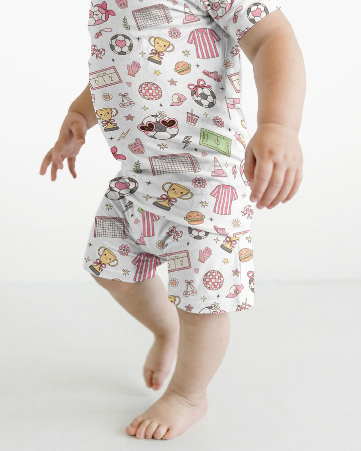 Pink Girly Soccer Coquette Bamboo Two Piece Short Sleeve Shorts Pajama Set