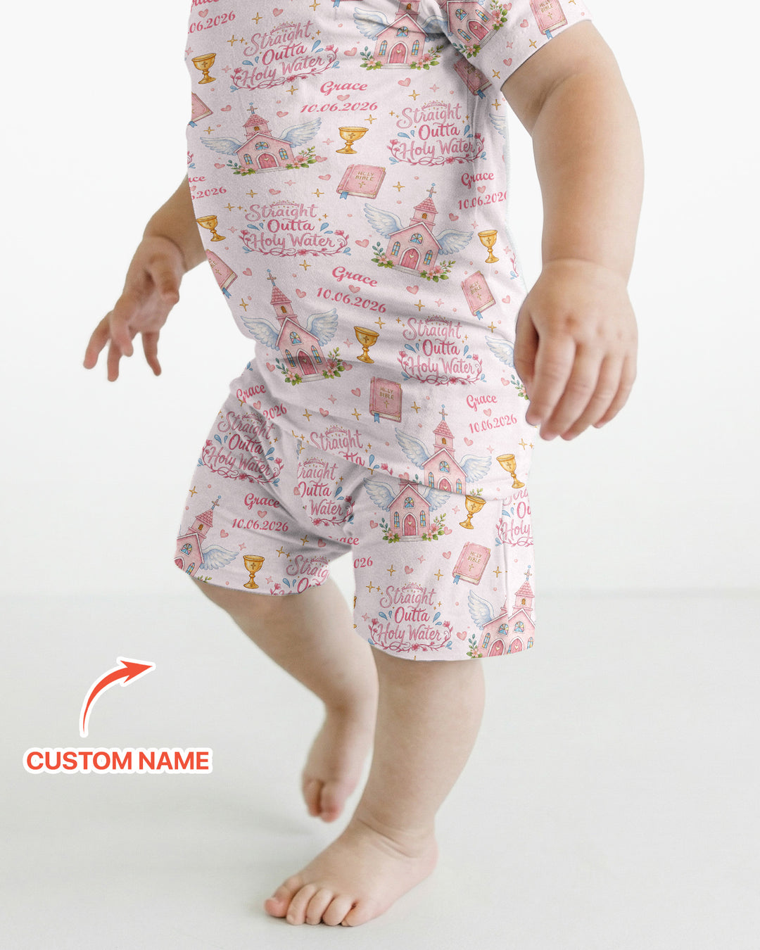 Custom Name Baptism Christening Straight Outta Holy Water Bamboo Two Piece Short Sleeve Shorts Pajama Set