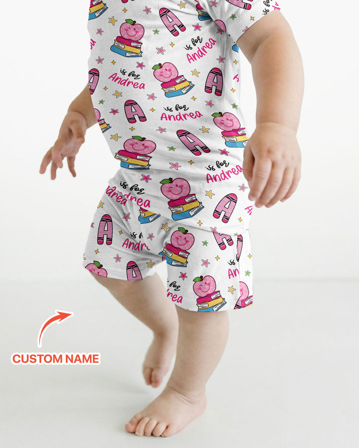 Custom Name Crayon Alphabet Bamboo Two Piece Short Sleeve Shorts Pajama Set