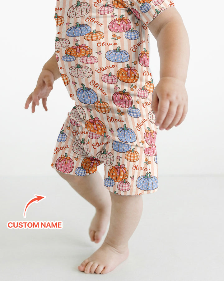 Custom Name Pumpkin Patch Bamboo Two Piece Short Sleeve Shorts Pajama Set