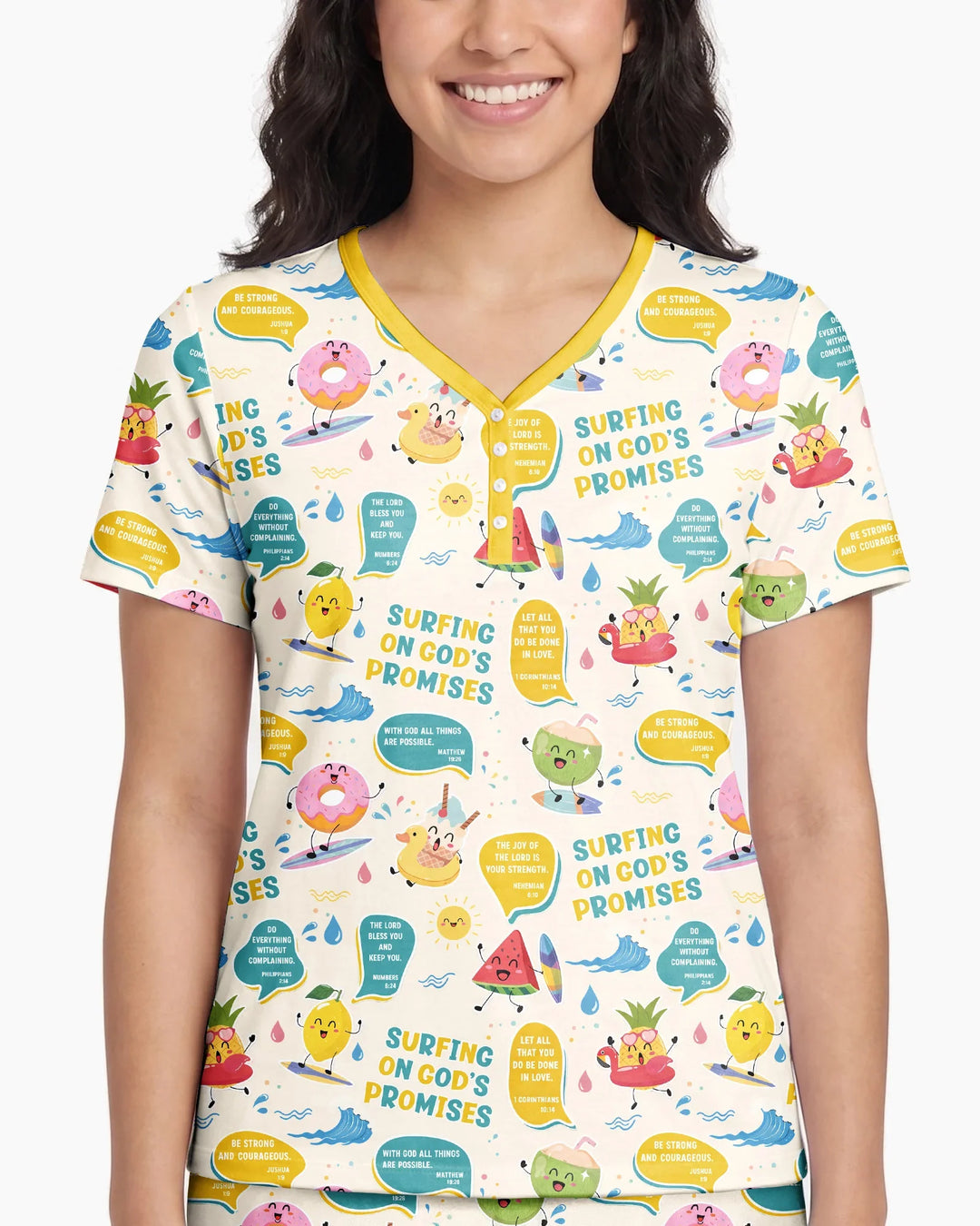 Summer Fruits Surfing On God's Promises Bamboo Women Short Sleeve Short Pajama Set