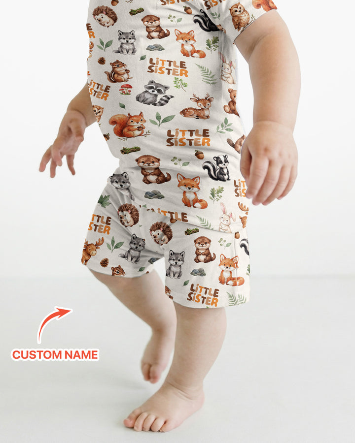 Custom Quote Woodland Animal Matching Sibling Bamboo Two Piece Short Sleeve Shorts Pajama Set