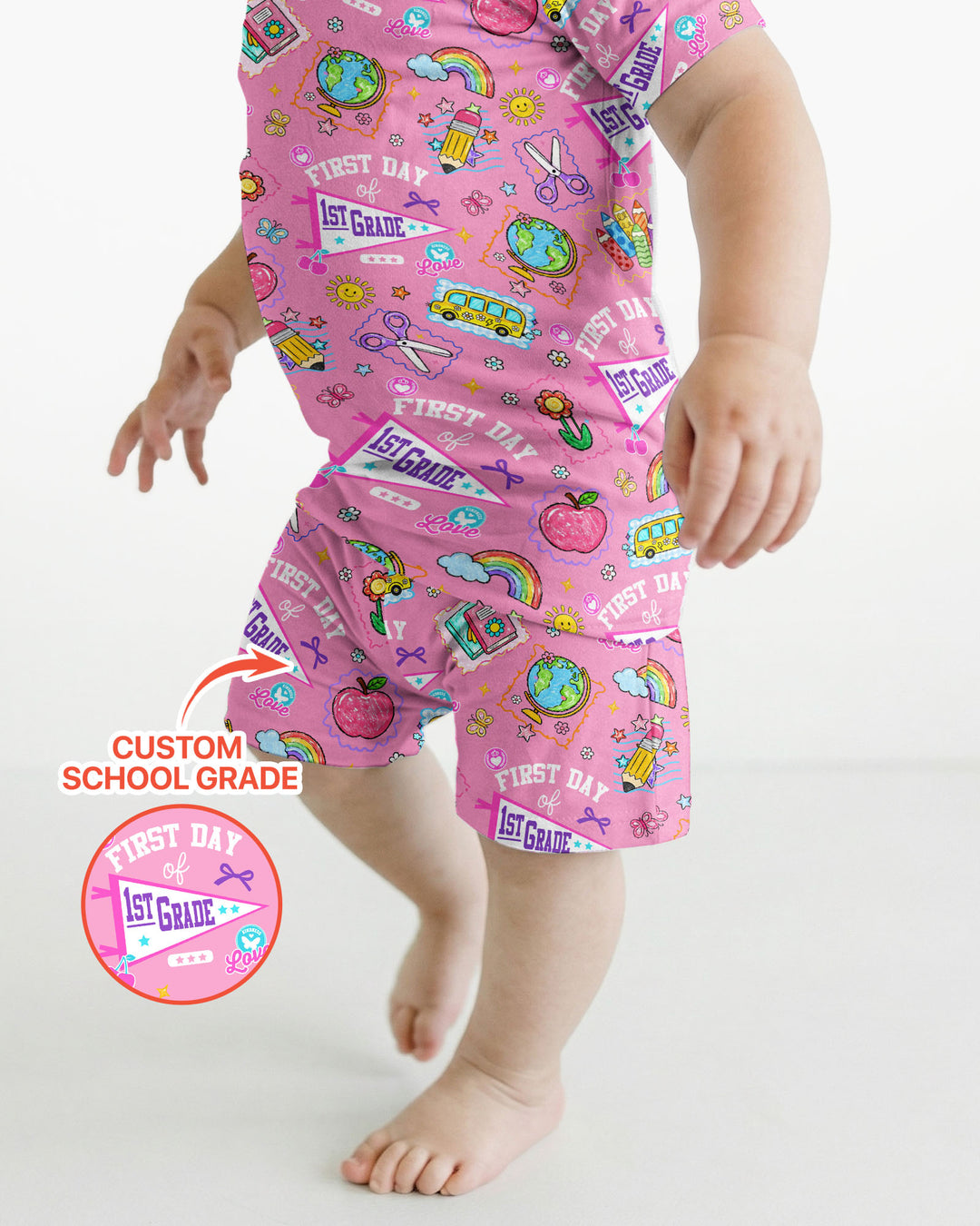 Custom Grade Girls School First Day Bamboo Two Piece Short Sleeve Shorts Pajama Set