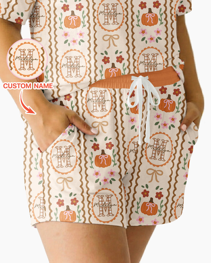 Custom Name Pumpkin Cottage Bamboo Women Short Sleeve Short Pajama Set