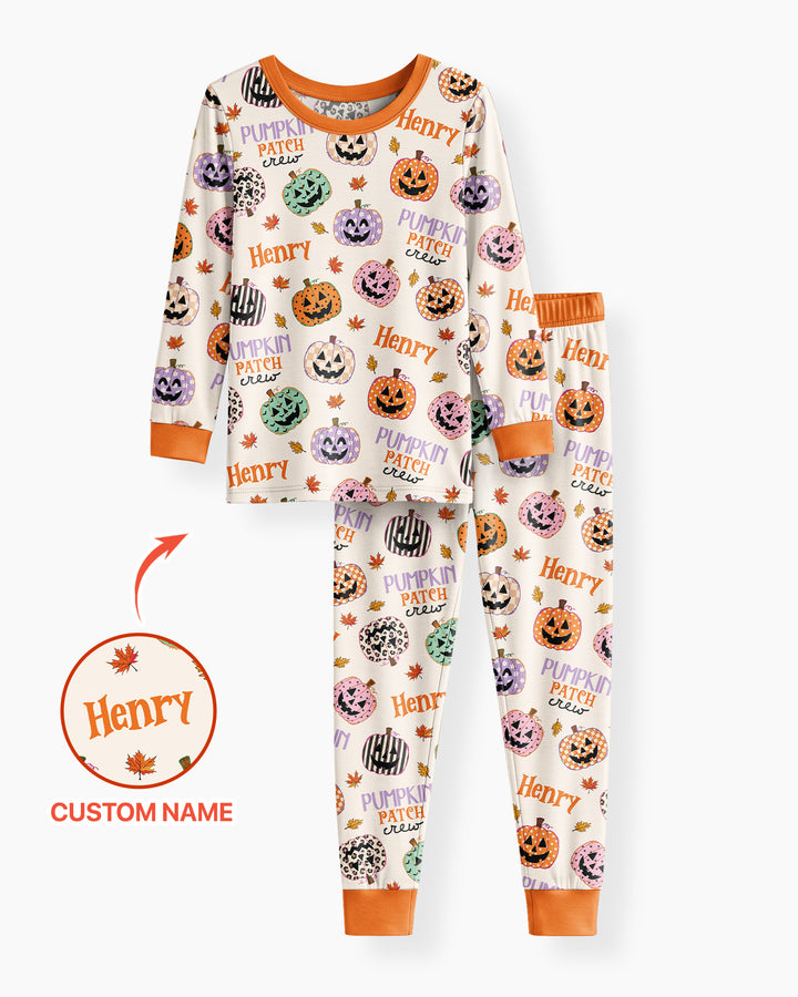 Custom Name Pumpkin Patch Crew Bamboo Two Piece Long Sleeve Pajama Set