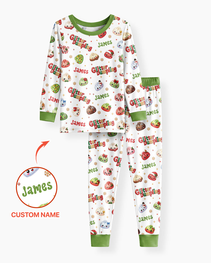 Custom Name Glitter Christmas Dumpling  Bamboo Two Piece Long Sleeve Pajama Set